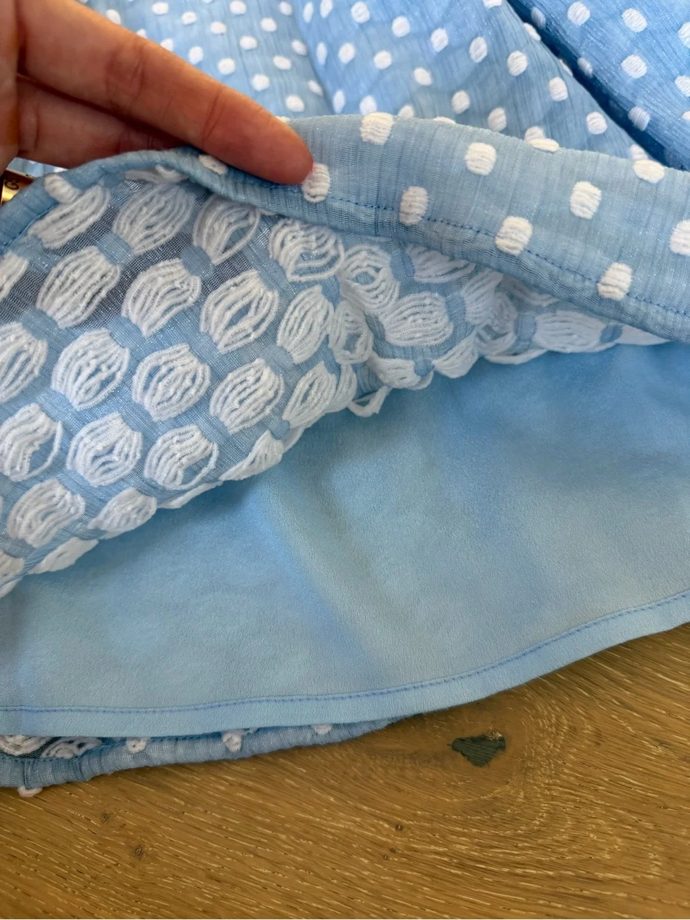 THML Powder Blue Swiss Dot Ruffle Neck Dress - Picture 10 of 10